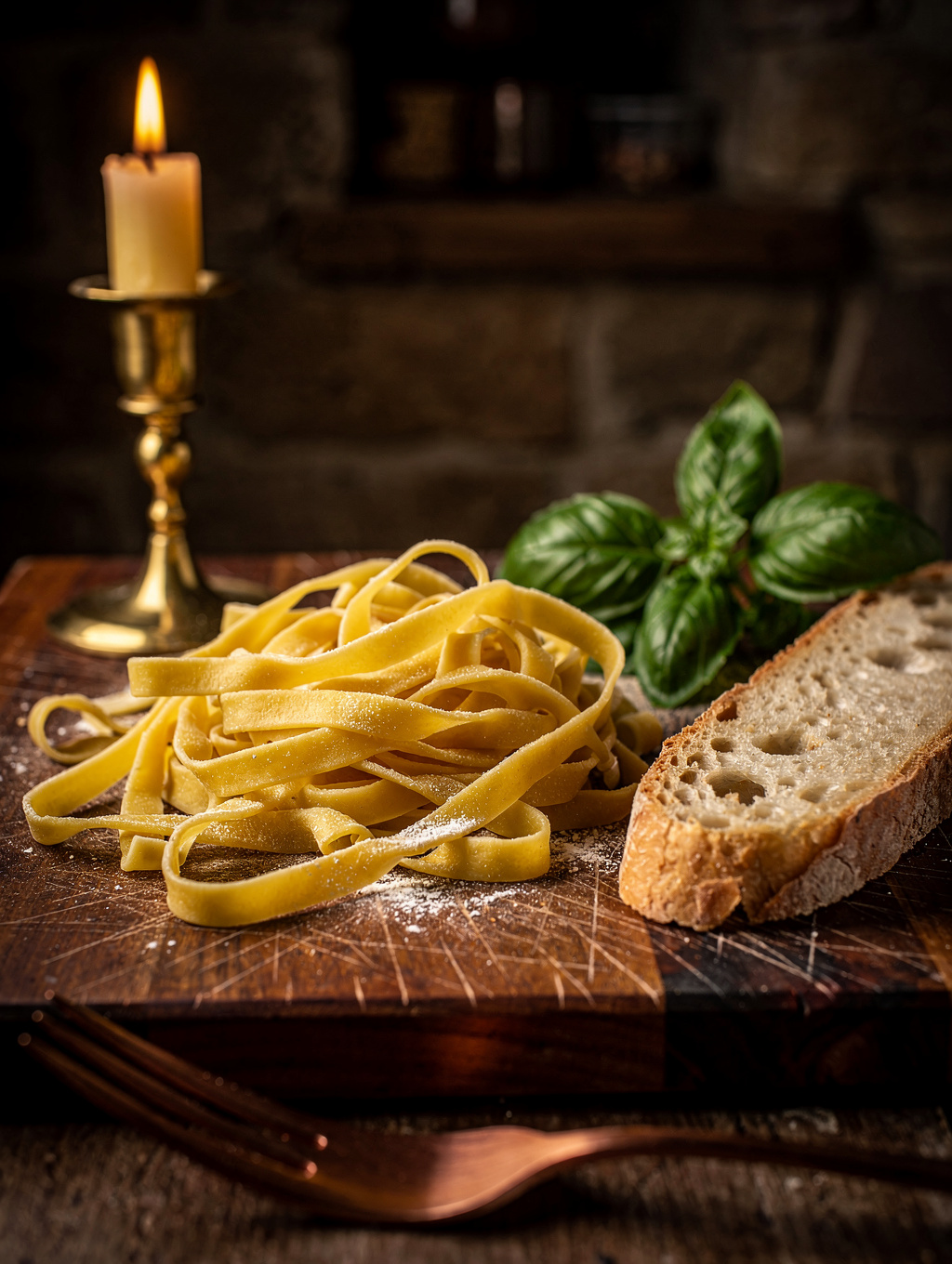 Artisanal pasta dish served in a warm, candlelit dining room