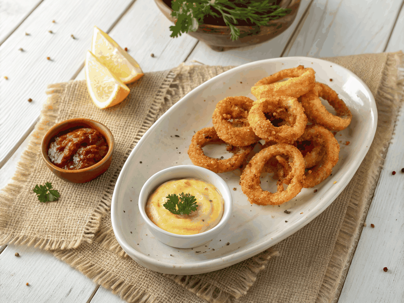 Crispy fried calamari with lemon and herbs