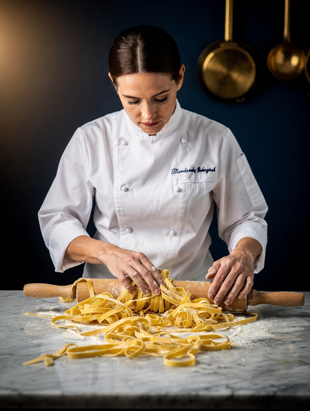 Portrait of Sous Chef Elena Bianchi preparing fresh pasta