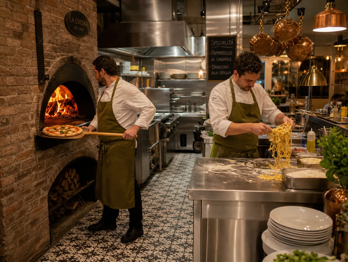 Chefs working in an open kitchen with a wood-fired oven