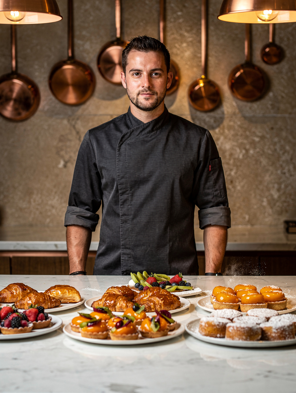 Portrait of Pastry Chef Luca Moretti with signature dessert