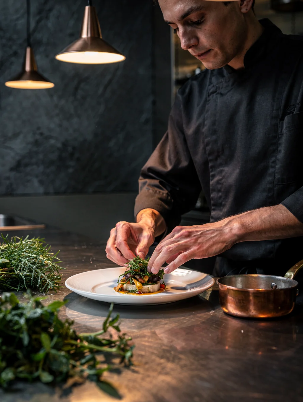 Chef plating seasonal Italian dish in candlelit kitchen