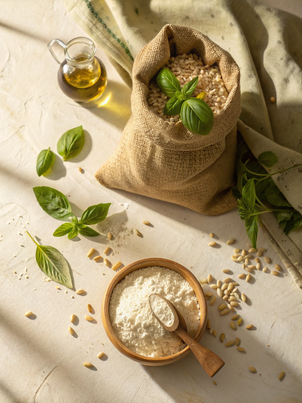 Close up of fresh semolina flour and olive oil