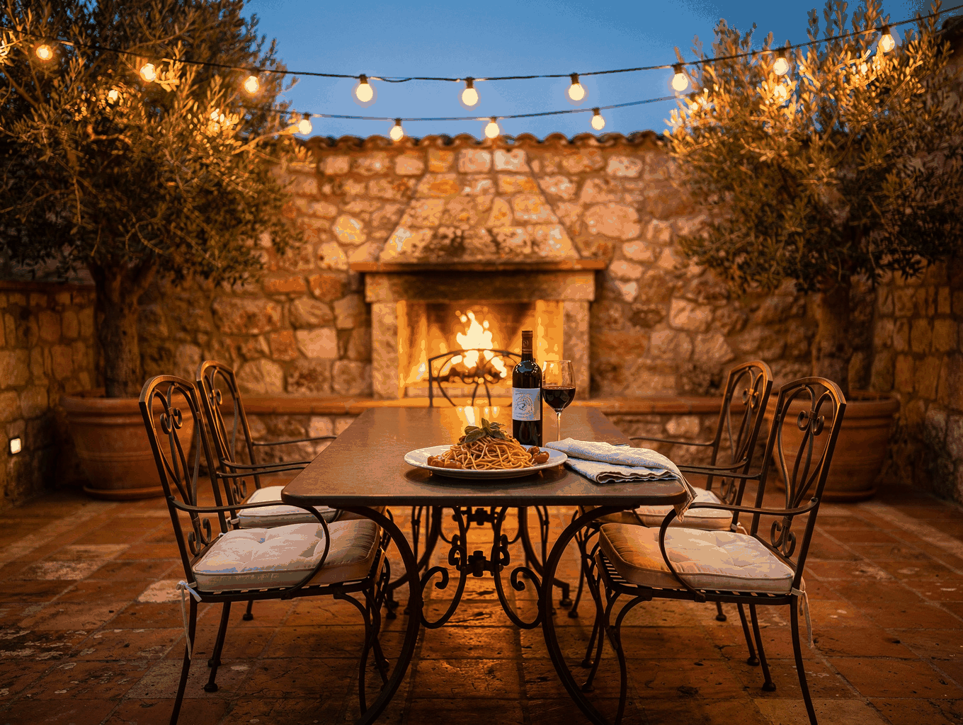 Outdoor garden terrace with olive trees and soft lighting