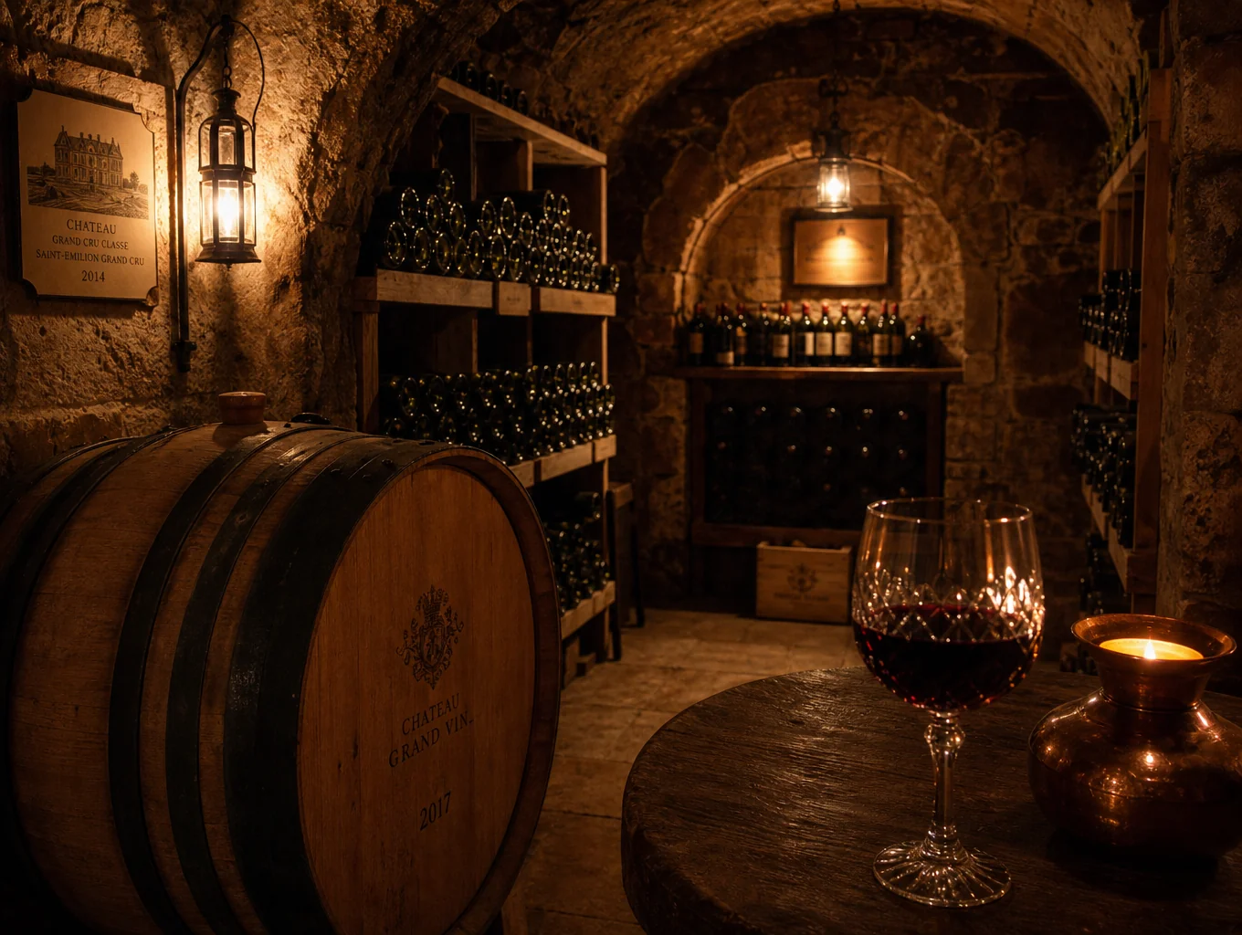 Stone vaulted wine cellar with rows of vintage bottles